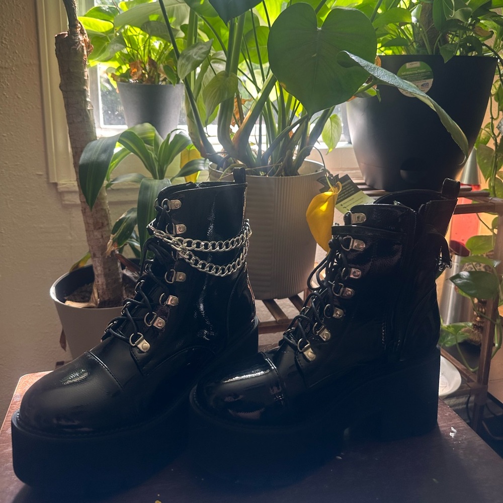 Amazon Black Patent Combat Boots with Chain